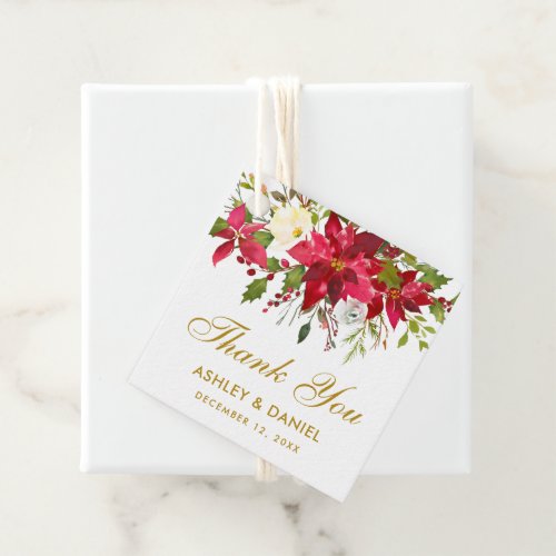 Poinsettia Floral Square Gold Wedding Thank You Favor Tags