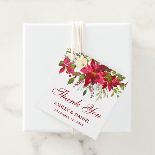 Poinsettia Floral Square Red Wedding Thank You Favor Tags