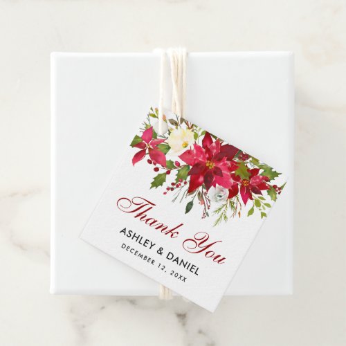 Poinsettia Floral Square Wedding Red Thank You Favor Tags
