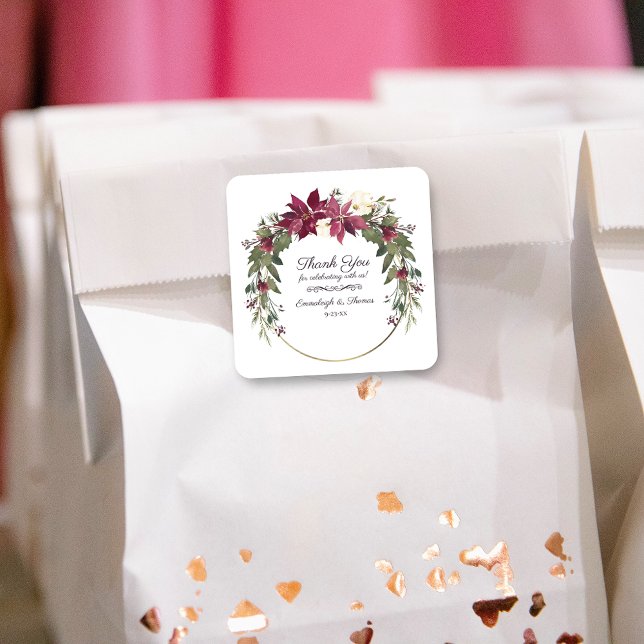 Poinsettia Floral Thank You Favor | Scarlet Red Square Sticker (Creator Uploaded)