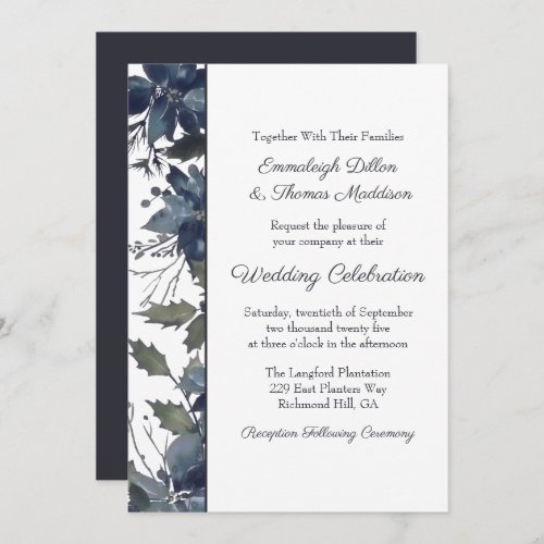 Poinsettia Floral Wedding  Navy Blue Invitation