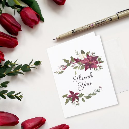 Poinsettia Floral Wedding  Scarlet Red Thank You Card