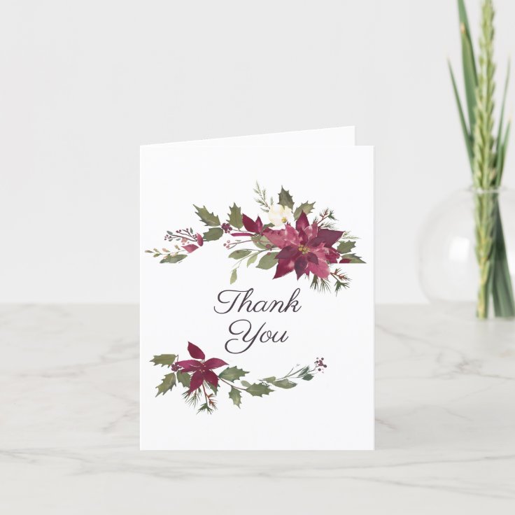 Poinsettia Floral Wedding | Scarlet Red Thank You Card | Zazzle