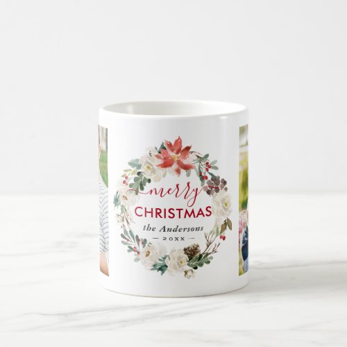 Poinsettia Floral Wreath Merry Christmas 2 Photos Coffee Mug