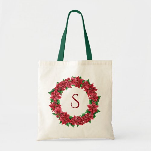 Poinsettia Floral Wreath Monogram Tote Bag