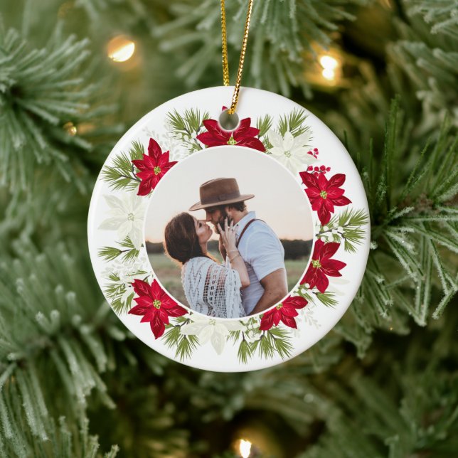 Poinsettia Flower and Pine Round Christmas Ceramic Ornament (Tree)