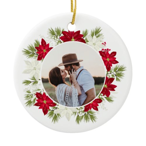 Poinsettia Flower and Pine Round Photo Ceramic Ornament