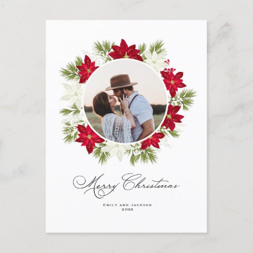 Poinsettia Flower and Pine Round Photo Holiday Postcard