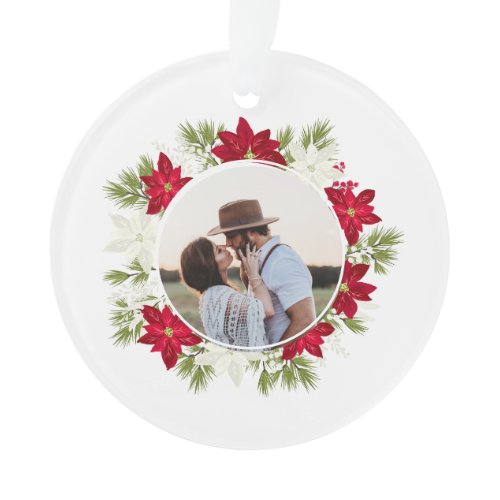 Poinsettia Flower and Pine Round Photo Ornament