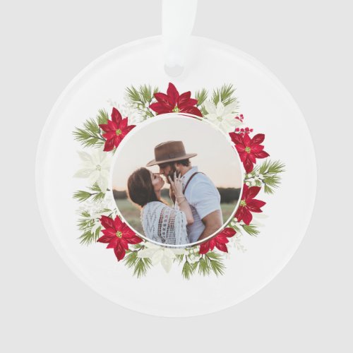 Poinsettia Flower and Pine Round Photo Ornament