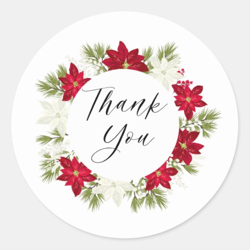 Poinsettia Flower and Pine Round Thank you Classic Round Sticker