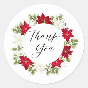 Poinsettia Flower and Pine Round Thank you Classic Round Sticker