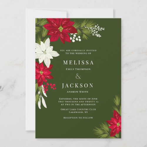 Poinsettia Flower and Pine Wedding Green Invitation