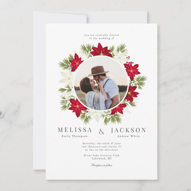 Poinsettia Flower and Pine Wedding  Invitation (Front)
