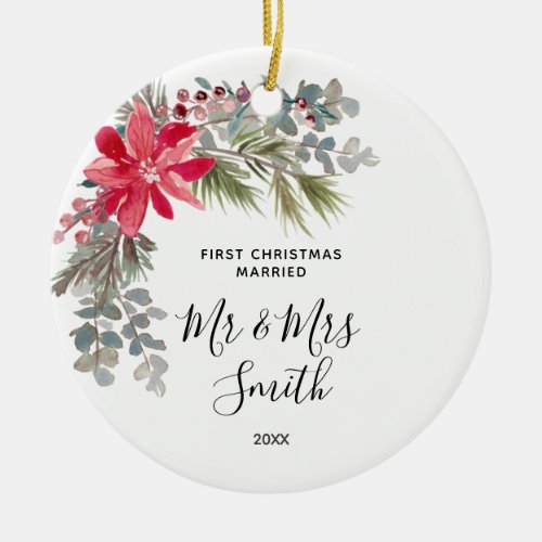 Poinsettia flower First Christmas Married Ceramic Ornament