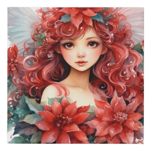 Poinsettia Flower Girl with Wings Faux Canvas Print