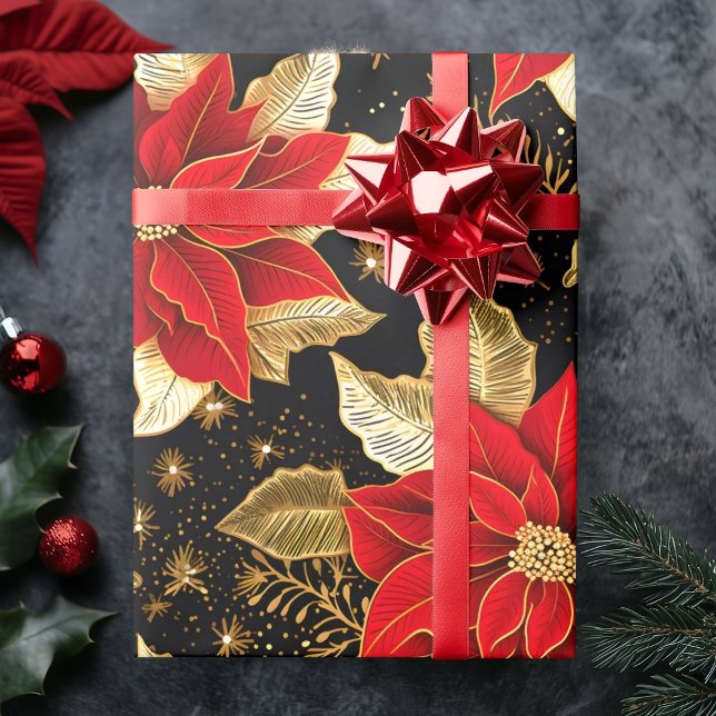 Poinsettia Flower in Gold Leaf Black | Christmas  Wrapping Paper (Poinsettia Flower in Gold Leaf Black | Christmas Wrapping Paper)