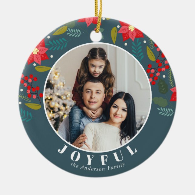 Poinsettia Flower Pattern Photo Joyful Holiday Ceramic Ornament (Front)