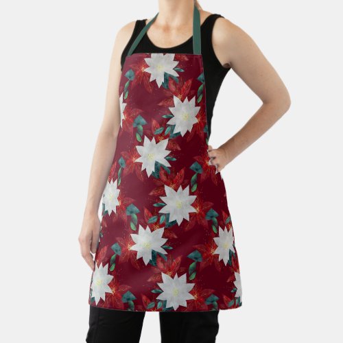 Poinsettia Flower Red and Green Christmas Floral Apron