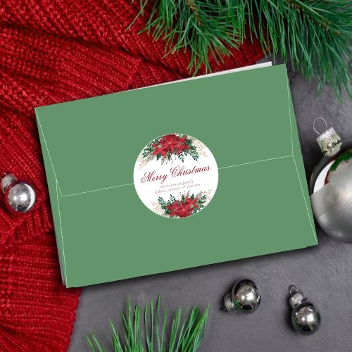 Poinsettia Flower Red and Green Christmas Floral Classic Round Sticker