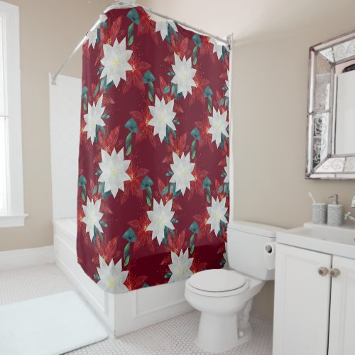 Poinsettia Flower Red and Green Christmas Floral Shower Curtain