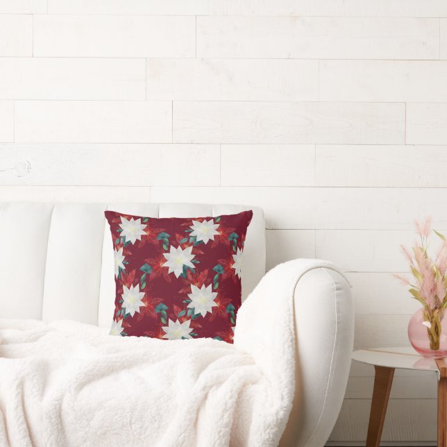 Poinsettia Flower Red and Green Christmas Floral Throw Pillow (Couch)