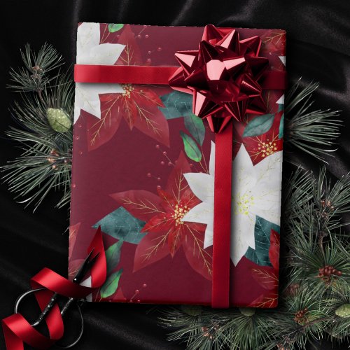 Poinsettia Flower Red and Green Christmas Floral Wrapping Paper