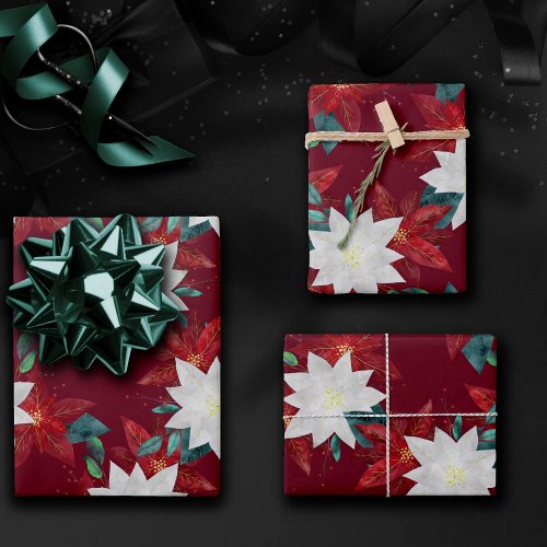 Poinsettia Flower Red and Green Christmas Floral Wrapping Paper Sheets