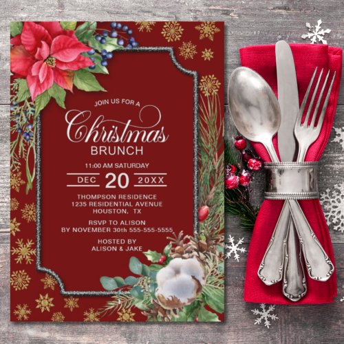  Poinsettia Flower Snowflakes Christmas Brunch Invitation