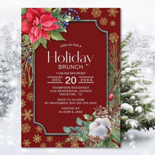  Poinsettia Flower Snowflakes Holiday Brunch Invitation