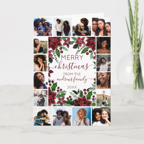 Poinsettia Flower Watercolor Merry Christmas Photo Card