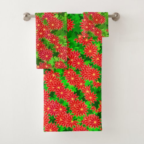 Poinsettia Flowers and Holly Leaves Bath Towel Set