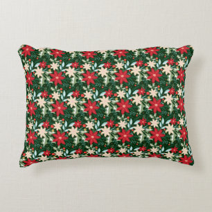 Poinsettia Flowers and Leaves Holiday Christmas Accent Pillow