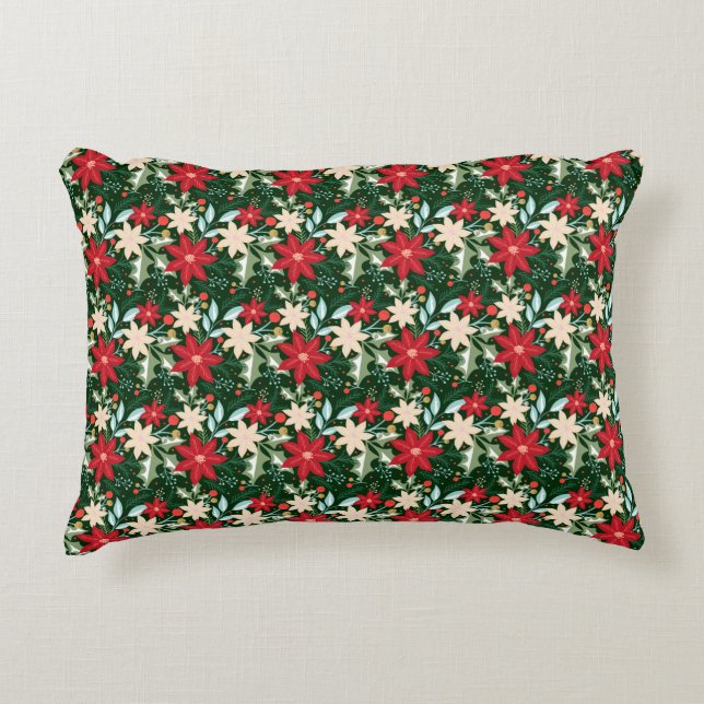 Poinsettia Flowers and Leaves Holiday Christmas Accent Pillow (Front)