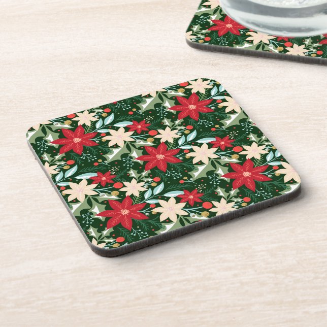 Poinsettia Flowers and Leaves Holiday Christmas Beverage Coaster (Left Side)