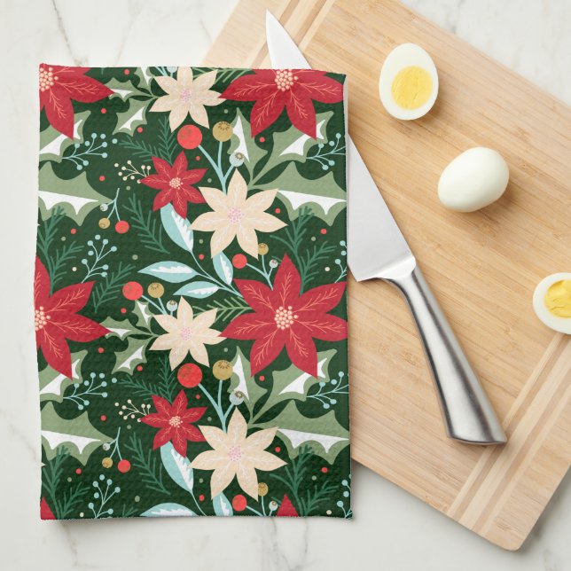 Poinsettia Flowers and Leaves Holiday Christmas Kitchen Towel (Quarter Fold)