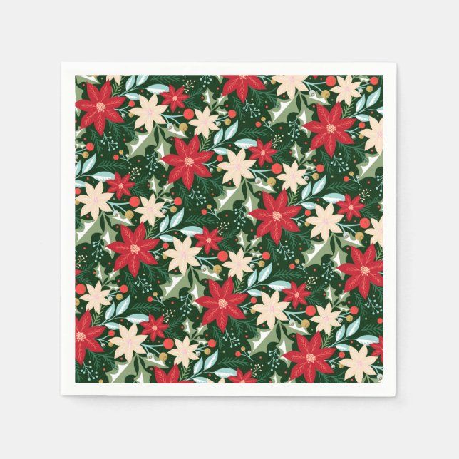 Poinsettia Flowers and Leaves Holiday Christmas Napkins (Front)