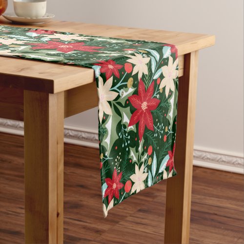 Poinsettia Flowers and Leaves Holiday Christmas Short Table Runner