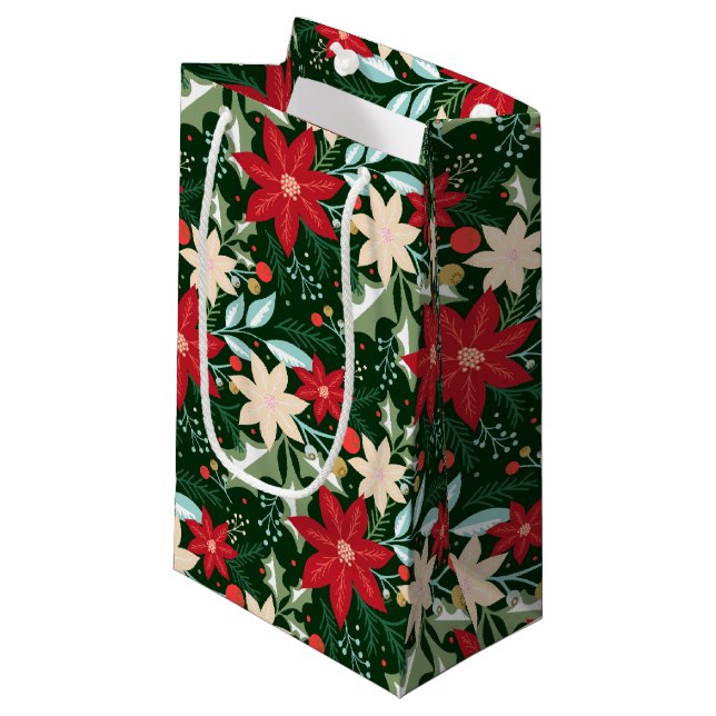Poinsettia Flowers and Leaves Holiday Christmas Small Gift Bag (Front Angled)