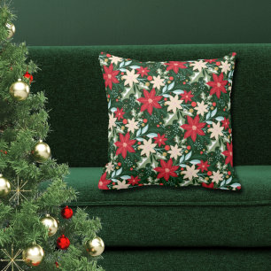 Poinsettia Flowers and Leaves Holiday Christmas Throw Pillow