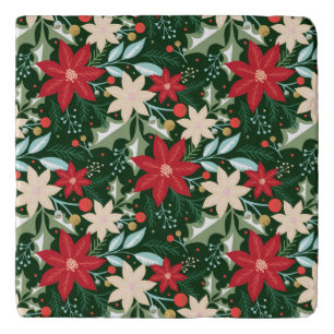 Poinsettia Flowers and Leaves Holiday Christmas Trivet