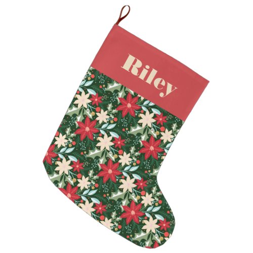 Poinsettia Flowers and Leaves Holiday Large Christmas Stocking