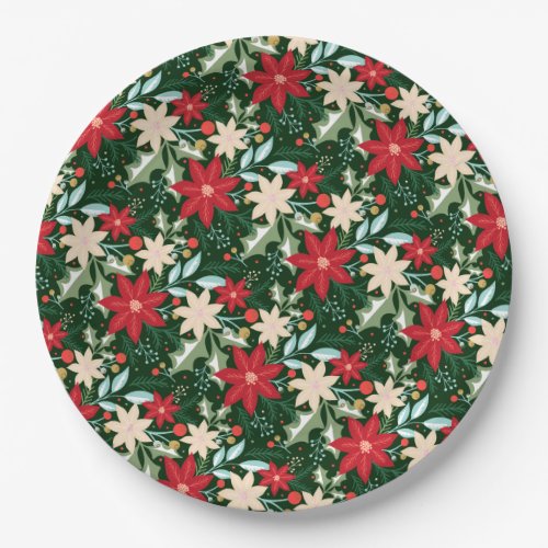 Poinsettia Flowers and Leaves Holiday Paper Plates