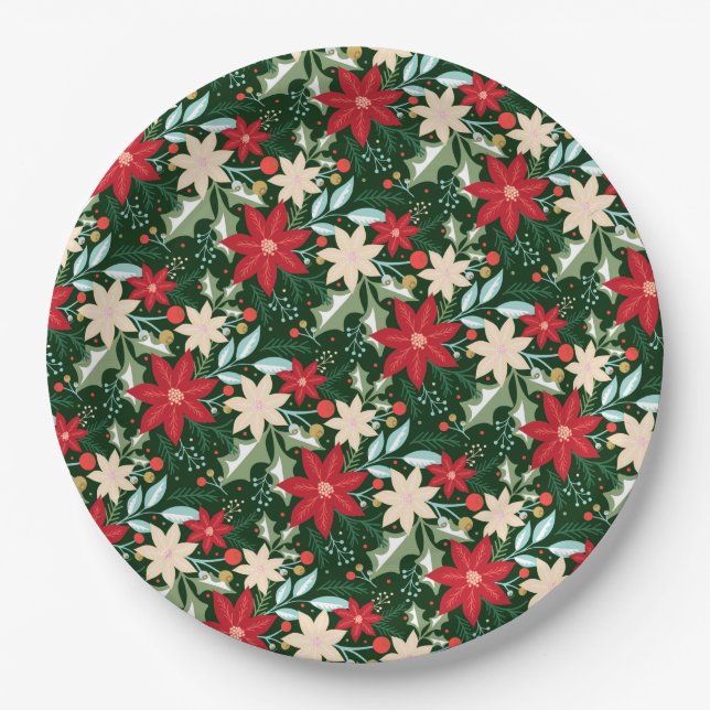 Poinsettia Flowers and Leaves Holiday Paper Plates (Front)