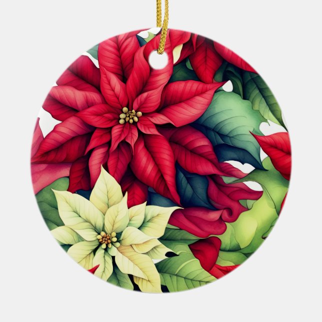Poinsettia Flowers  Ceramic Ornament (Front)