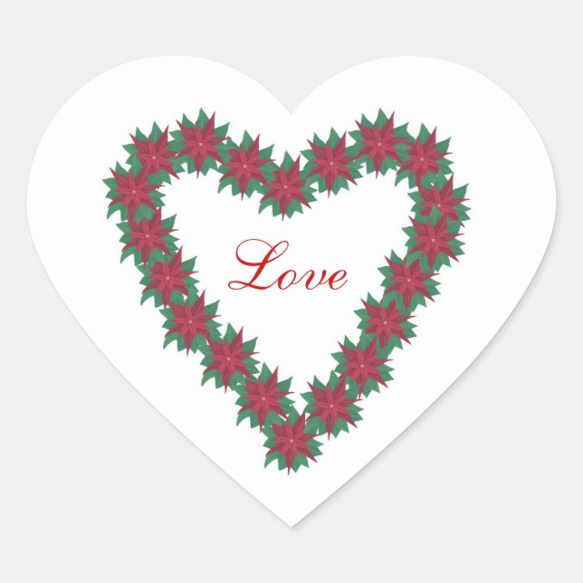 Poinsettia Flowers Heart Shaped Love Stickers (Front)