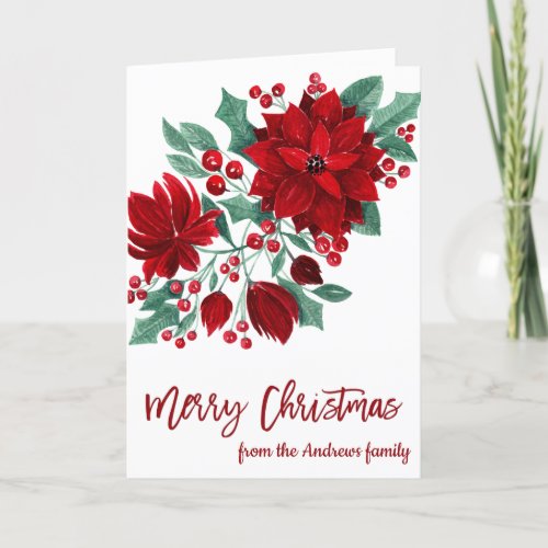 Poinsettia Flowers Ivy Leaves Watercolor Christmas Holiday Card