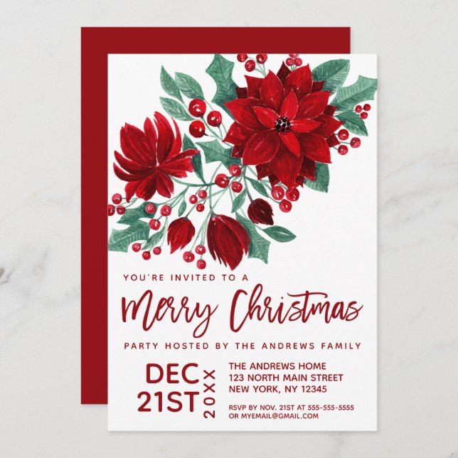Poinsettia Flowers Ivy Leaves Watercolor Christmas Invitation (Front/Back)