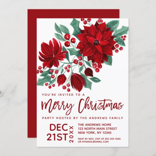Poinsettia Flowers Ivy Leaves Watercolor Christmas Invitation