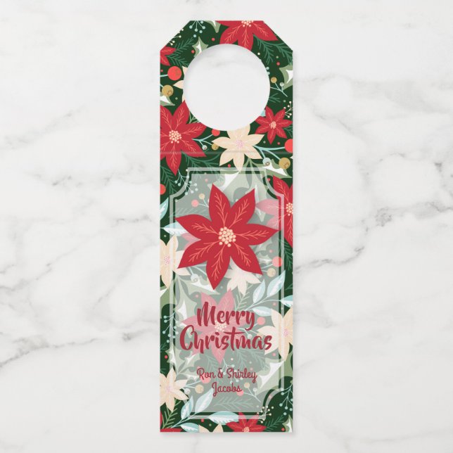 Poinsettia Flowers Leaves Holiday Christmas Bottle Hanger Tag (Front)